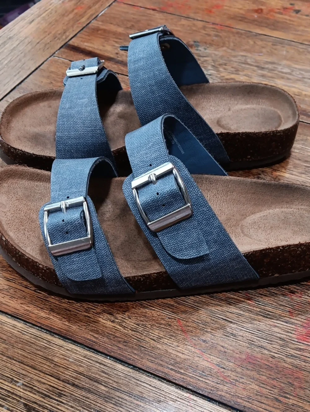 Girls Double Strap Blue Denim Slide Sandals Cork Bottoms